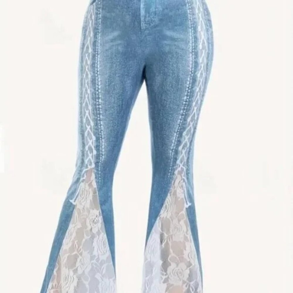 New Casual Leggings, Plus Contrast Lace Denim Print High Stretch Flare 2X 3X